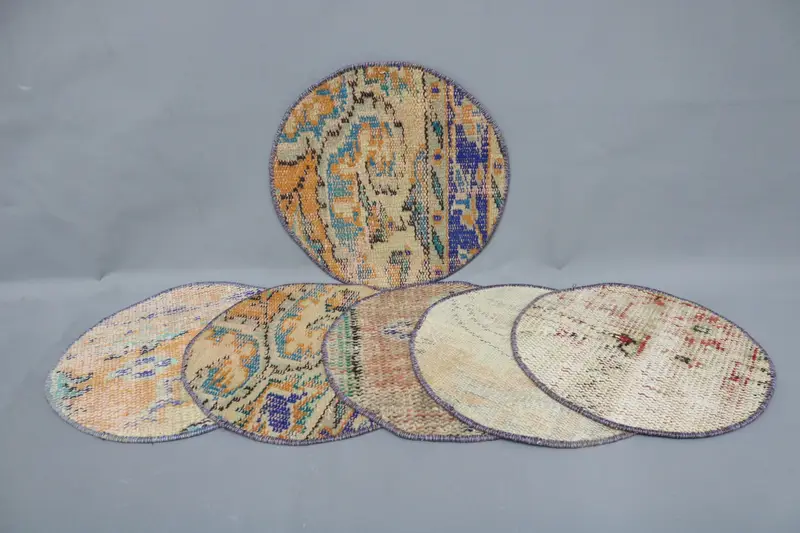 Mantel individual bohemio con círculo azul y rosa, mantel individual bohemio de algodón y lana