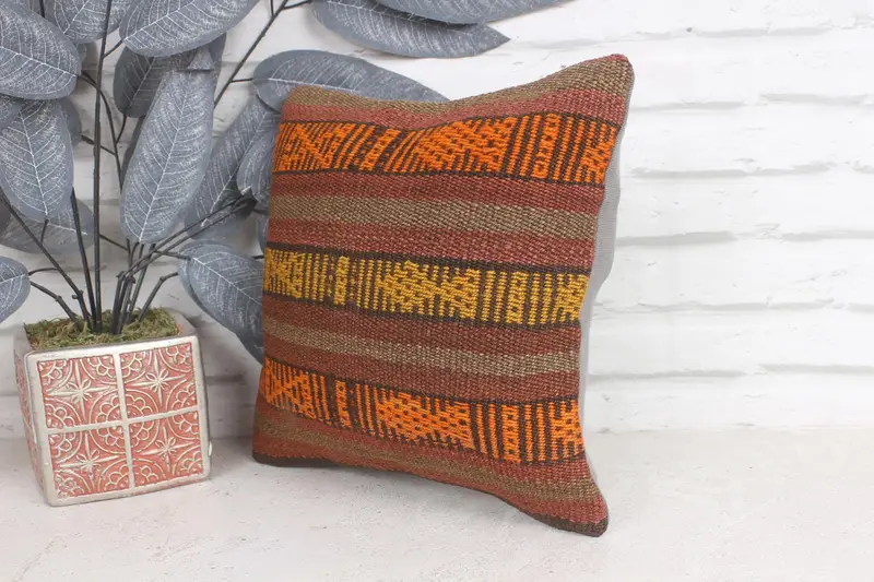 Retro Throw Pillow Case, Pillow for Couch, Knitted Pillow Sham, Turkish Pillow, Cushion, Kilim Rug Cushion, 12x12 Brown Pillow, Turkish Kilim Pillow - 3
