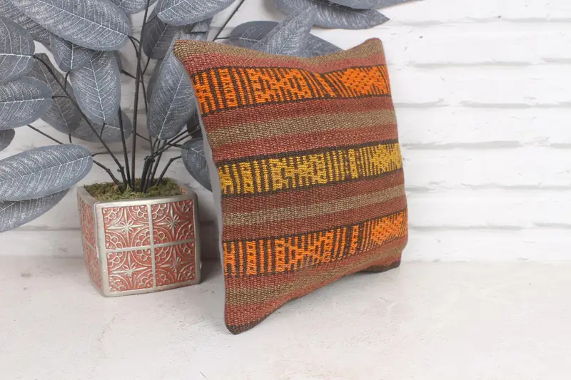 Retro Throw Pillow Case, Pillow for Couch, Knitted Pillow Sham, Turkish Pillow, Cushion, Kilim Rug Cushion, 12x12 Brown Pillow, Turkish Kilim Pillow - 4