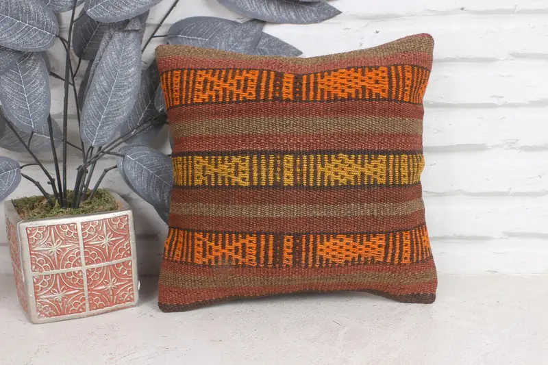 Retro Throw Pillow Case, Pillow for Couch, Knitted Pillow Sham, Turkish Pillow, Cushion, Kilim Rug Cushion, 12x12 Brown Pillow, Turkish Kilim Pillow - 1