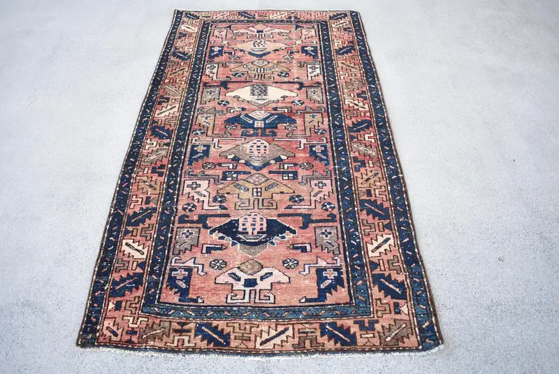 Türk 3.4x6.3 ft Accent Halı, Vintage Halı, Oushak Turuncu Çizgili Halı - 1