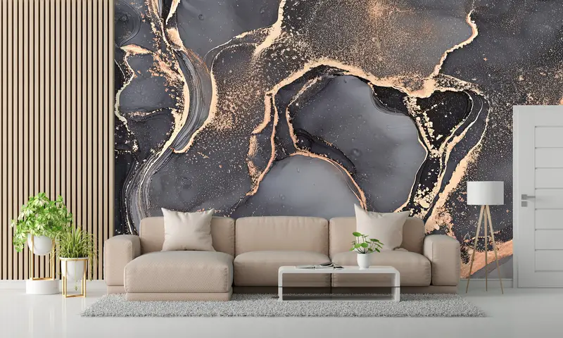 エレガントなグレーの大理石プリント壁紙: 豪華で現代的なデザイン