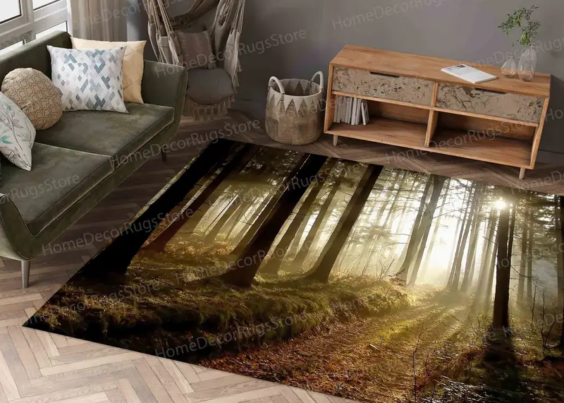 Misty Forest Sunset Baskılı Halı: Doğanın Evinizdeki Kucaklaması