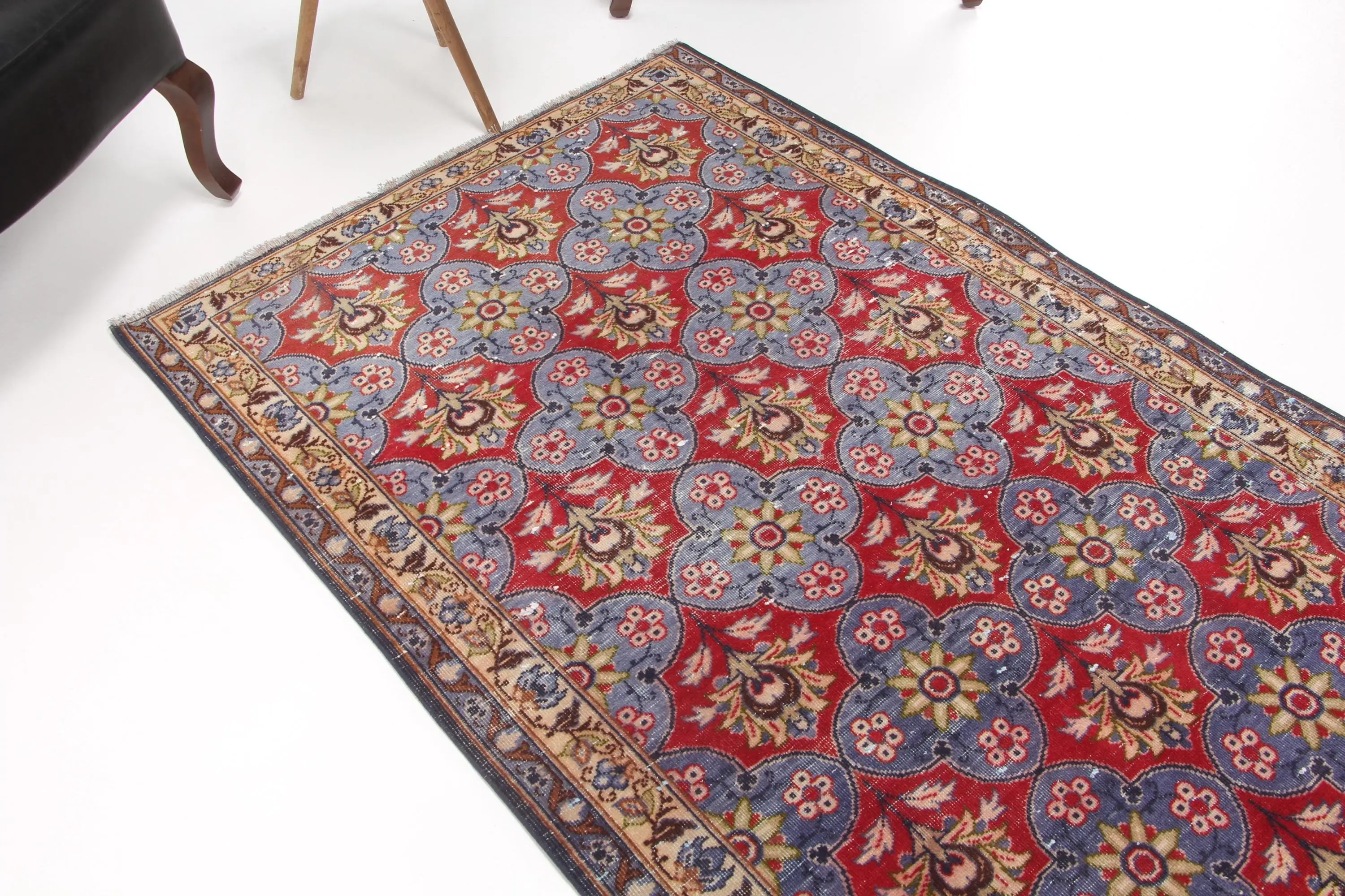 Türkischer Teppich 4,1 x 10 Fuß, rot-blau karierter Vintage-Wollteppich - 1