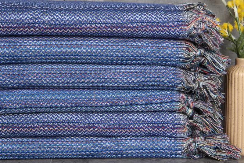 Embroidered Beach Towel Sax Blue Herringbone 36x71 Inches