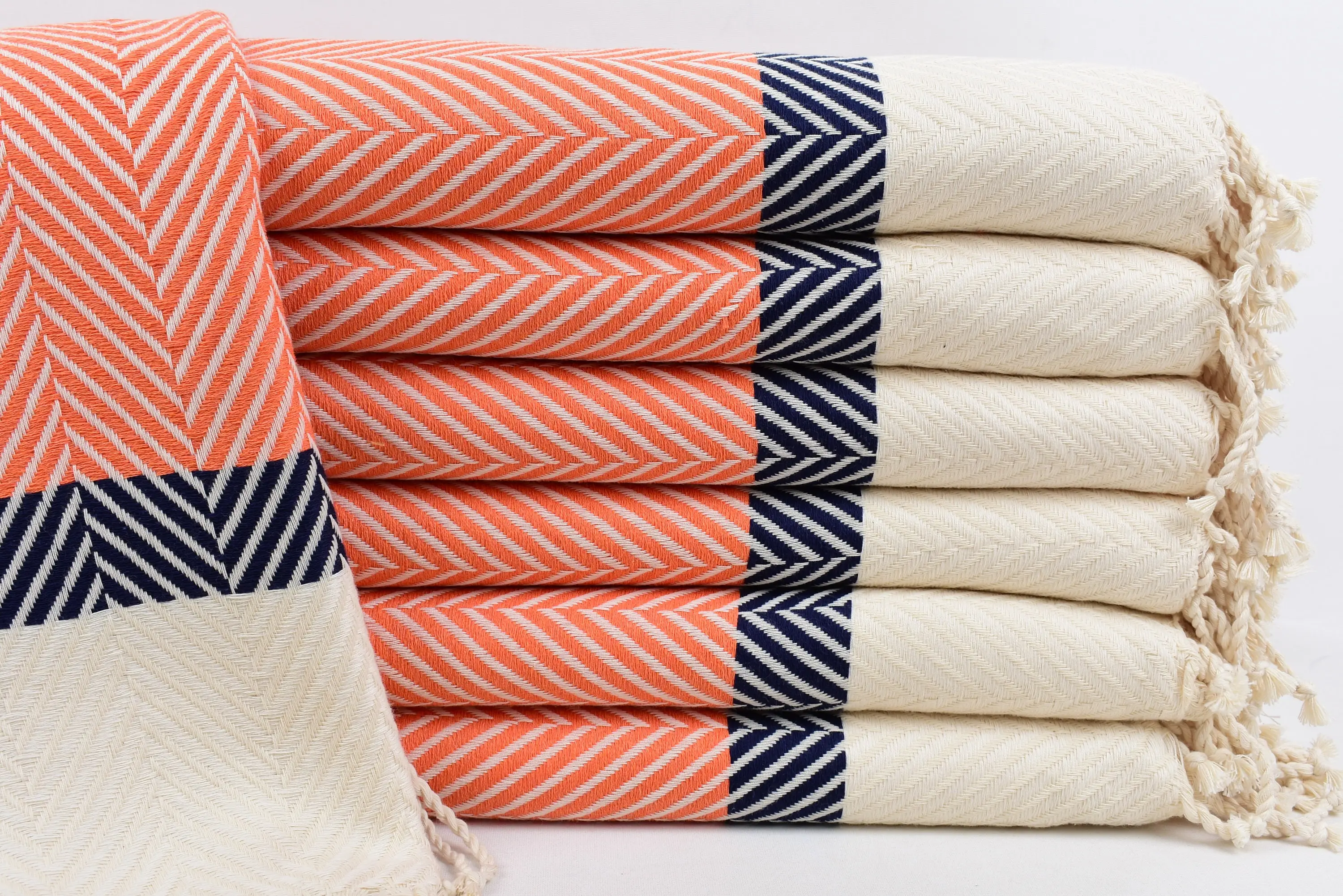 Bath Towel Orange-Navy Blue Striped Organic Cotton, 83x40 Inches - 1