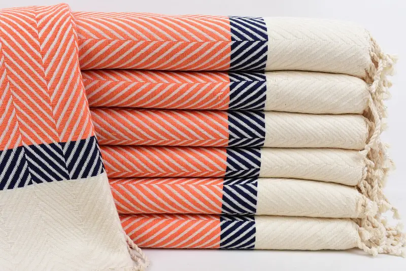Bath Towel Orange-Navy Blue Striped Organic Cotton, 83x40 Inches
