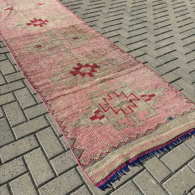 Turkish Rug, 3x11.5 ft Runner Rug, Red Pink Oushak Wool Rug - 1