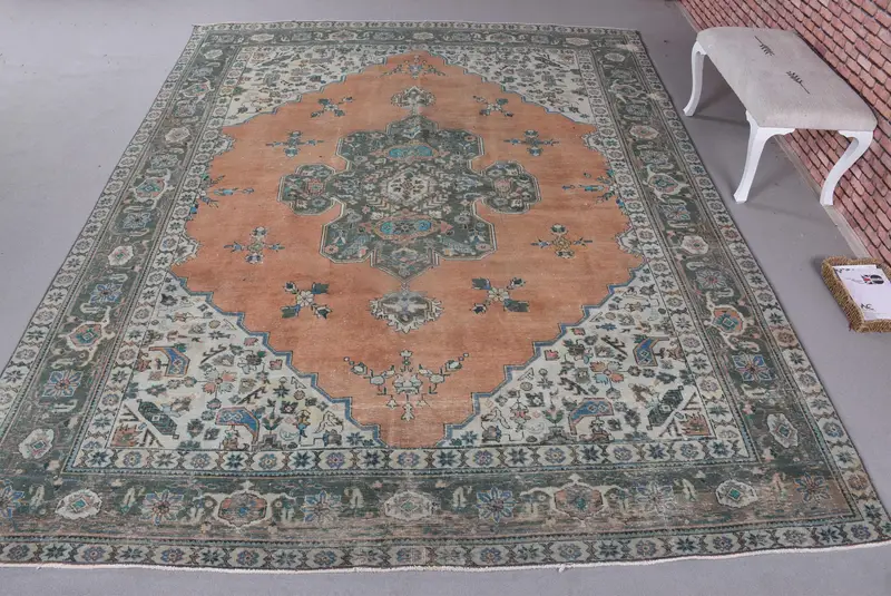 Canlı Turuncu ve Yeşil Halı, 9,1x12,2 ft Doğadan Esinlenen Dekor