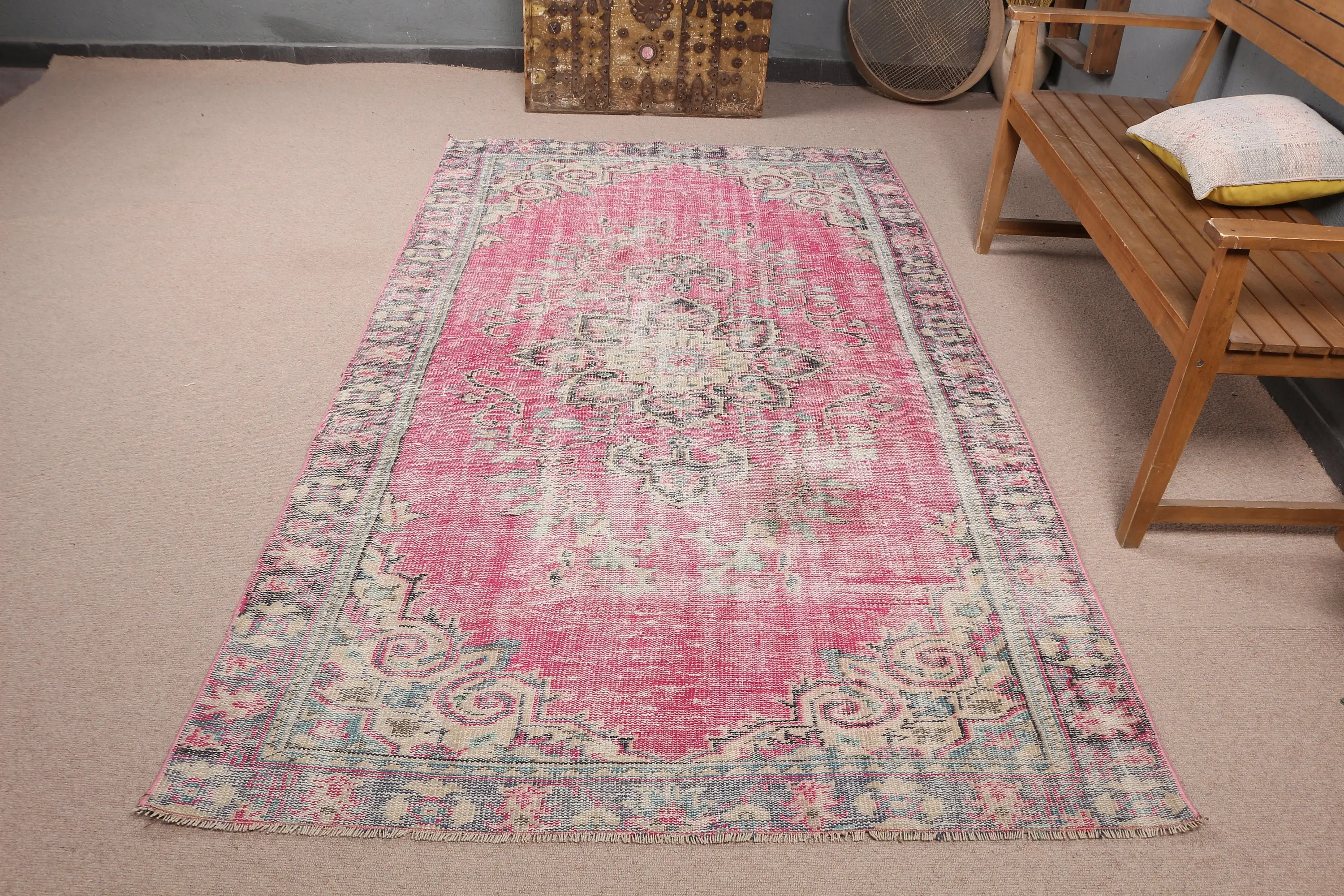 Vintage Rug, 4.6x8.2 ft Area Rug, Red Blue Wool Rug - 1