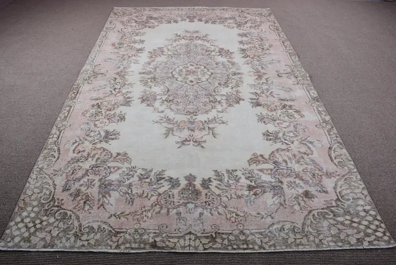 Alfombra de 6,2x10 pies, alfombra vintage turca, alfombra de lana del suroeste rosa blanco - 1