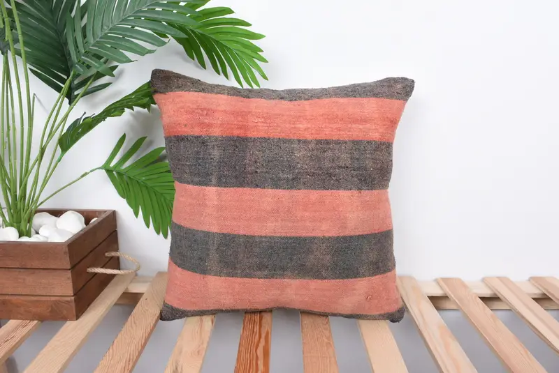 Vintage Kilim Pillow, Kilim Pillow Cover, Farmhouse Pillow Case, Pillow Cover, 16x16 Orange Pillow Cover, Interior Designer Pillow - 1