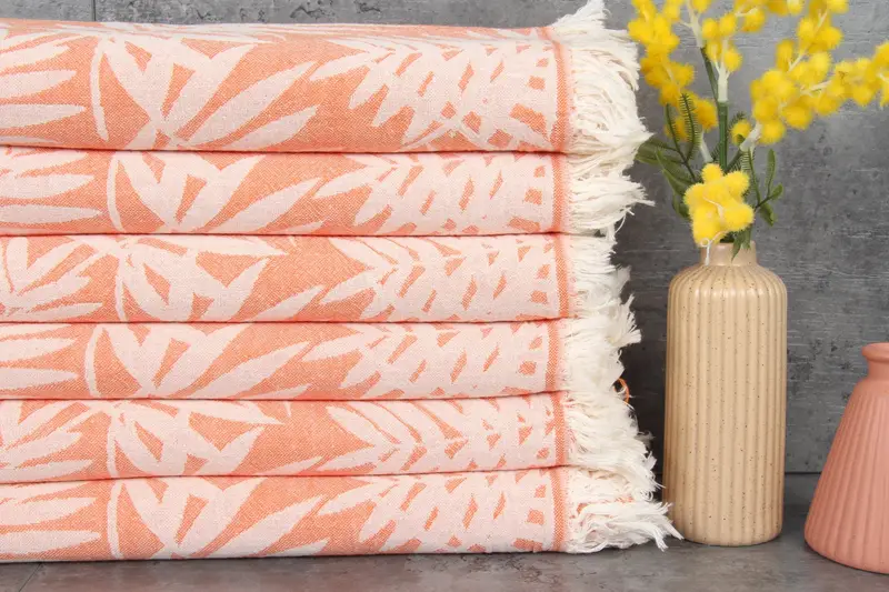 Turkish Towel Floral Patterned Beach Towel, Organic Cotton, Beige, 40x63 Inches