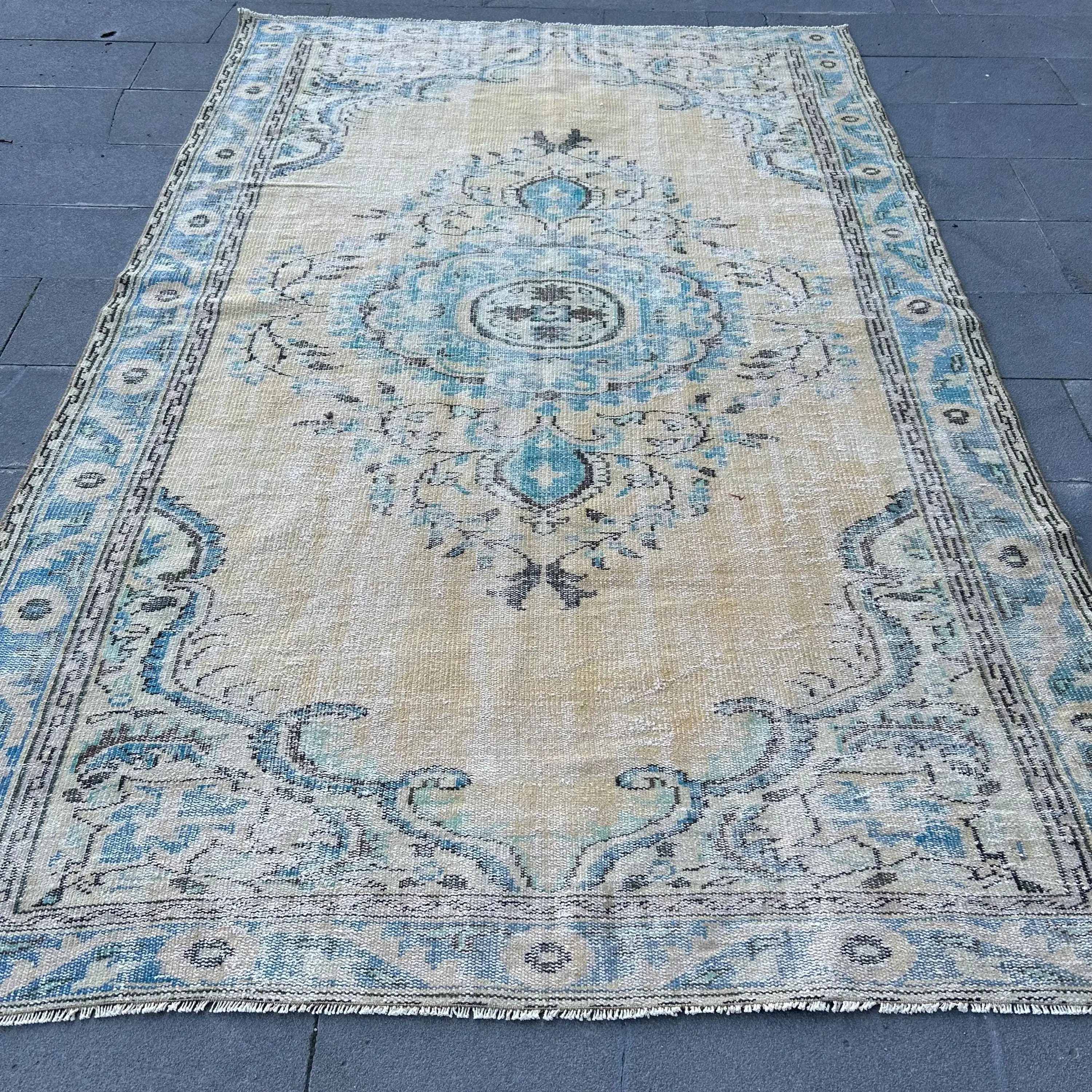 Vintage Türk Halısı 6.2x9.8 ft (190x300 cm), Mavi Çizgili Halı - 1