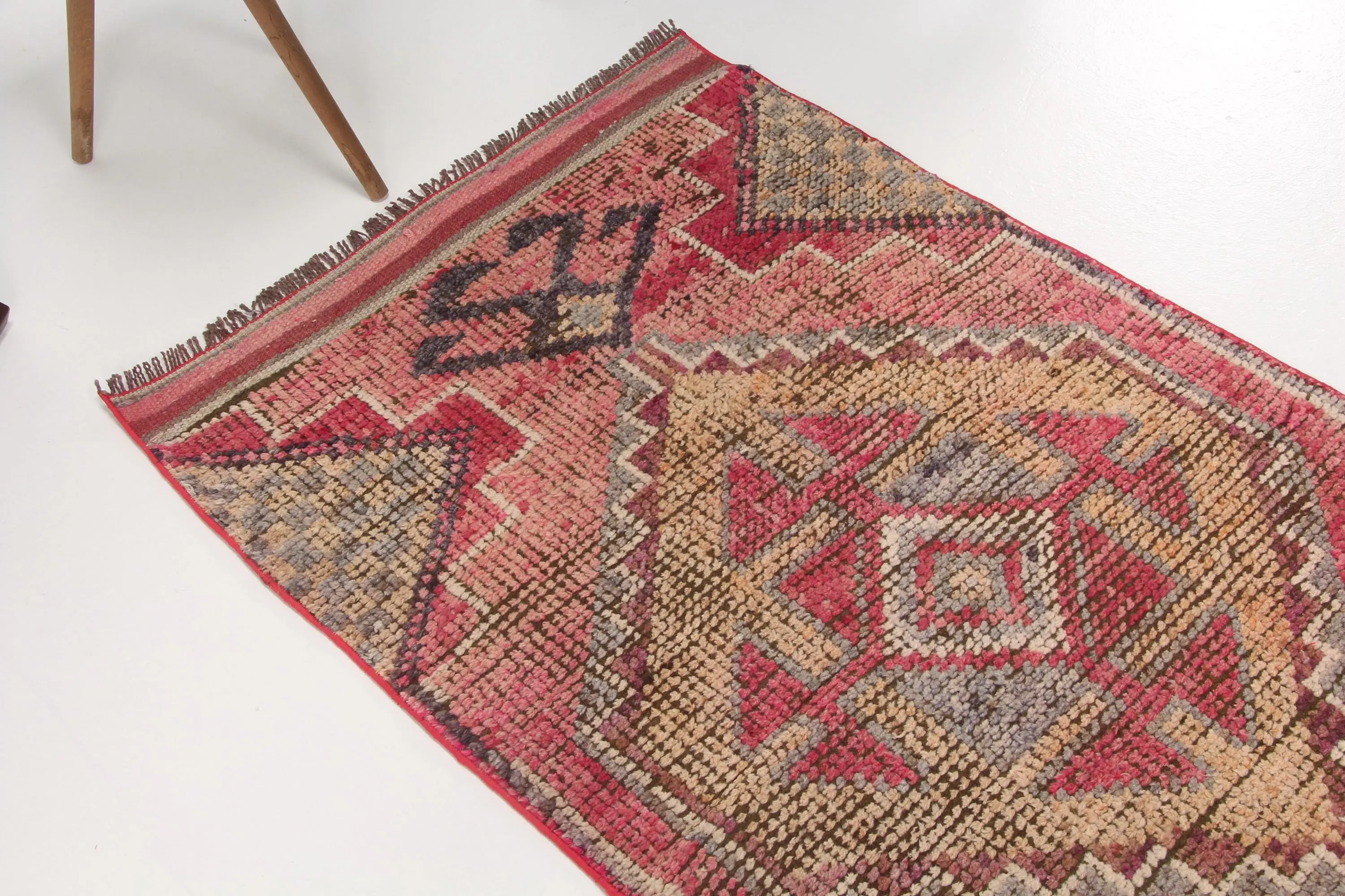 Turkish Vintage Rug, 2.8x9.8 ft Rug, Red Gray Check Wool Rug - 1
