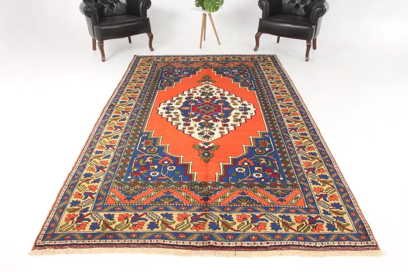 Vintage Large Rug 5.8x9.9 ft, Orange Blue Solid Rug Wool - 1