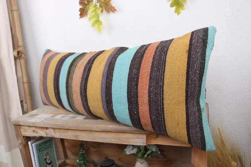 Vintage Pillow, Cushion Case, Pattern Throw Cushion Cover, Throw Kilim Pillow, 12x36 Yellow Pillow Case, Turkish Pillow - 4