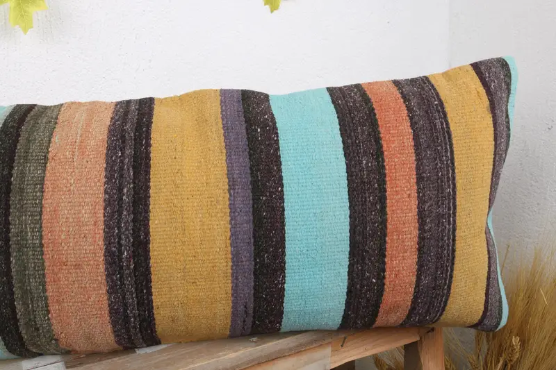 Vintage Pillow, Cushion Case, Pattern Throw Cushion Cover, Throw Kilim Pillow, 12x36 Yellow Pillow Case, Turkish Pillow - 5
