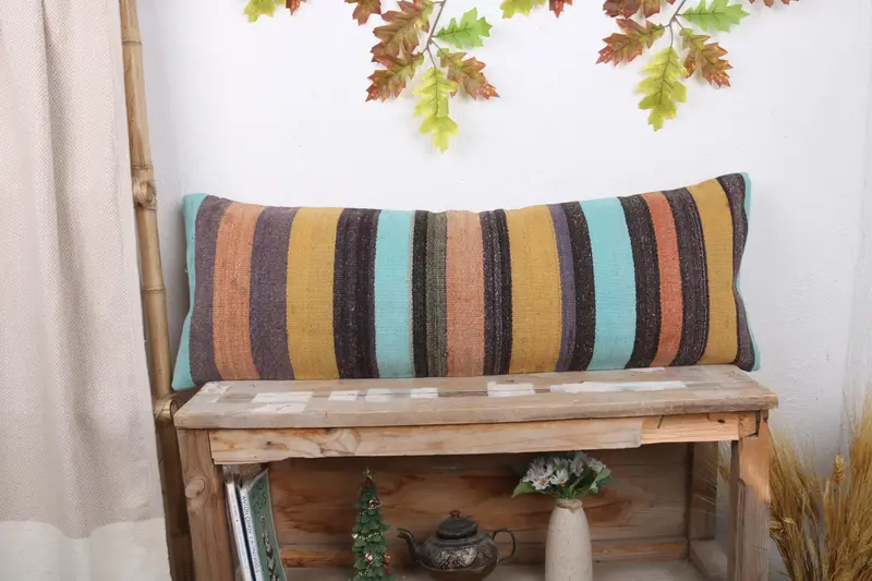 Vintage Pillow, Cushion Case, Pattern Throw Cushion Cover, Throw Kilim Pillow, 12x36 Yellow Pillow Case, Turkish Pillow - 1