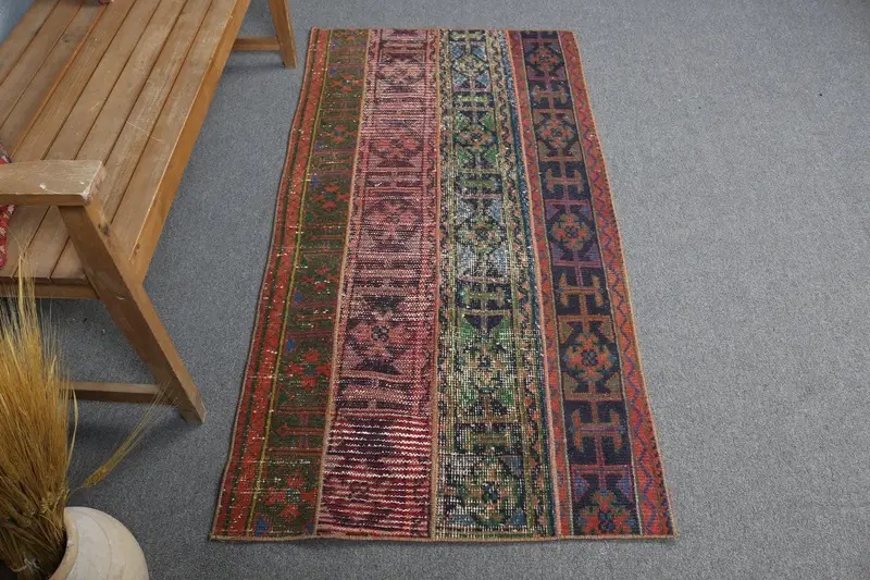 Red Abstract Rug, 2.7x5.3 ft with Green Accents