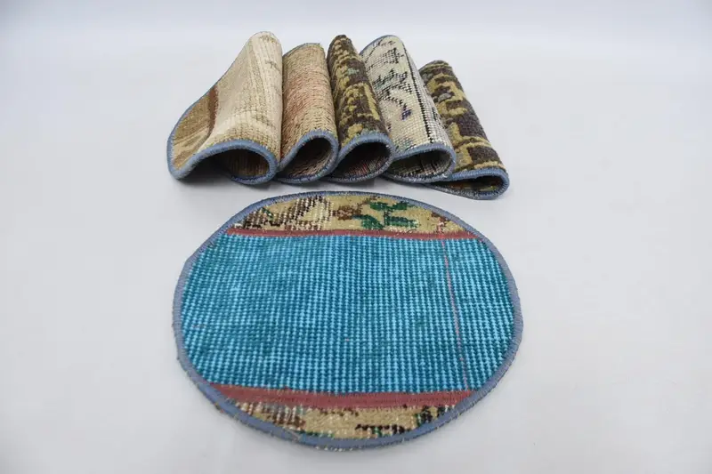 Böhmische Kreis-Tischsets in Blau und Beige, stilvolle Tischsets aus Baumwolle und Wolle