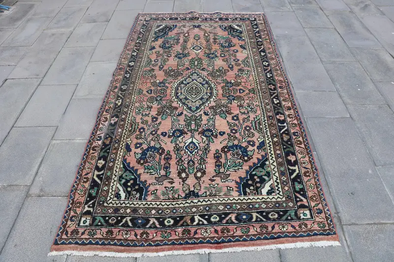 4,1x7,7 ft Teppich, türkischer Vintage-Teppich, blauer Oushak-Wollteppich - 1
