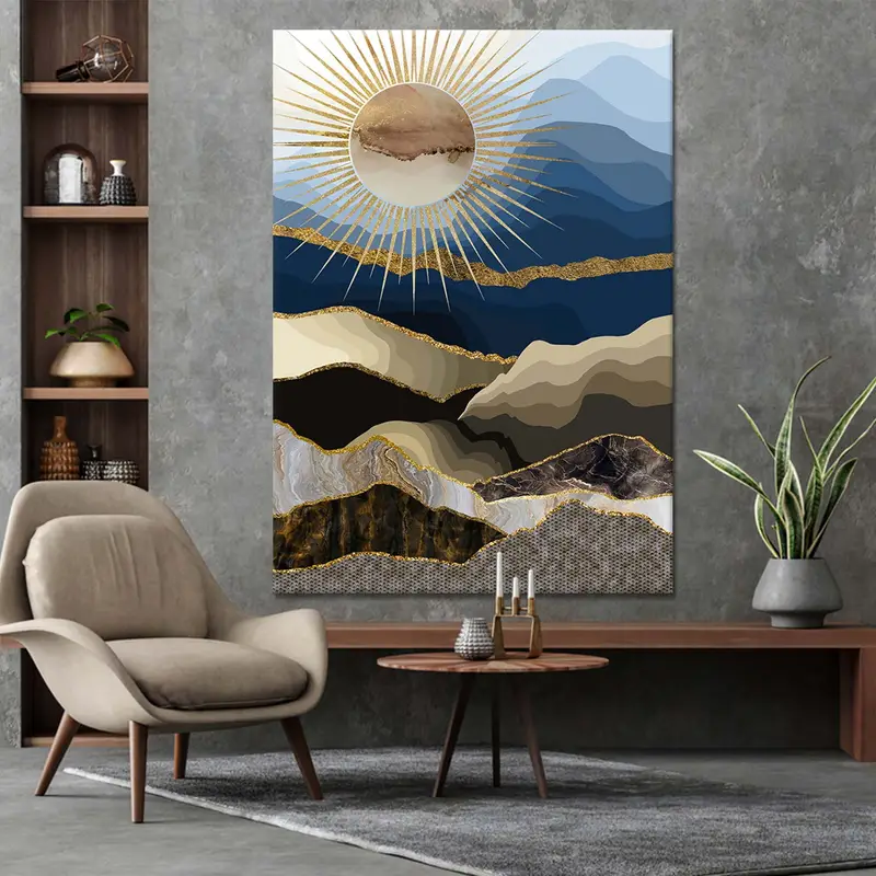 抽象的な山の壁アート、山の風景、風景の壁アート、風景キャンバス、サンウォールアート、抽象的な日焼け、ゴールドキャンバスプリント、 - 6