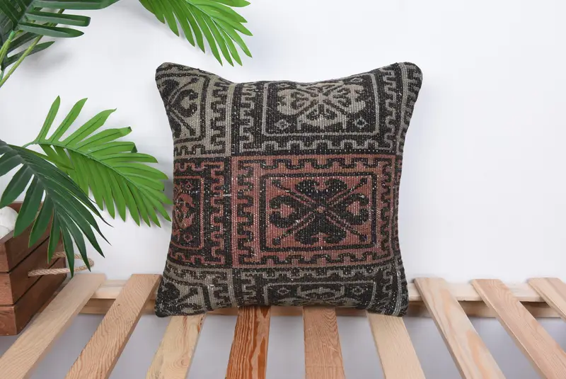 Ethnical Kilim Rug Pillow, Floor Pillow Case, Vintage Pillow Case, 14x14 Brown Pillow Sham, Kilim Pillow, Pillow, Handmade Kilim Cushion - 1