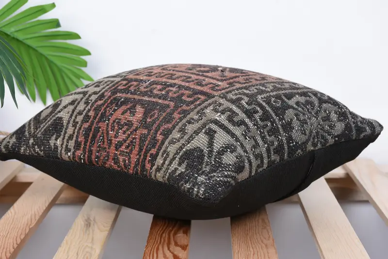 Ethnical Kilim Rug Pillow, Floor Pillow Case, Vintage Pillow Case, 14x14 Brown Pillow Sham, Kilim Pillow, Pillow, Handmade Kilim Cushion - 6