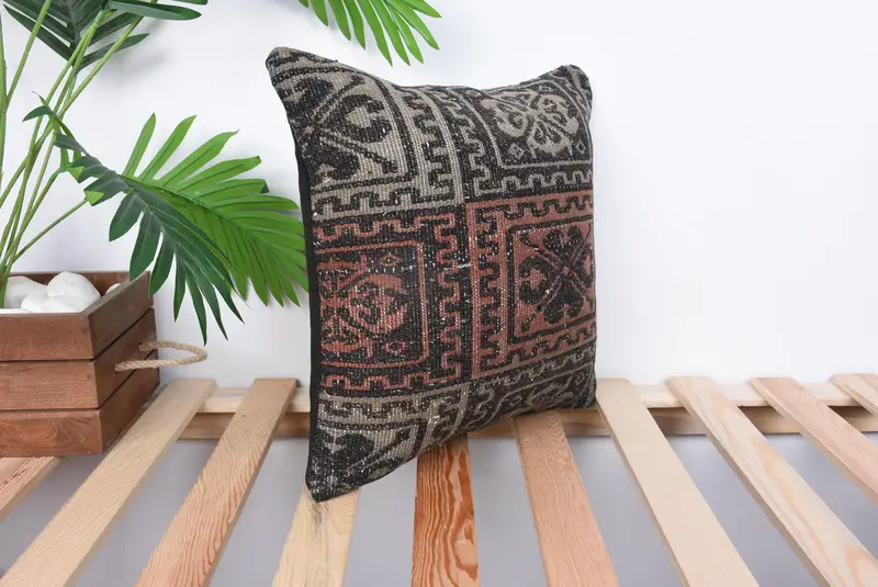Ethnical Kilim Rug Pillow, Floor Pillow Case, Vintage Pillow Case, 14x14 Brown Pillow Sham, Kilim Pillow, Pillow, Handmade Kilim Cushion - 4