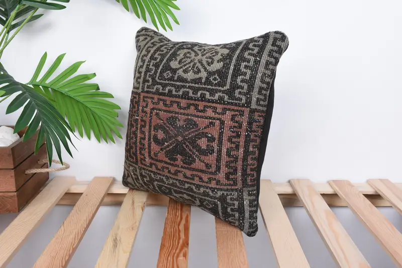 Ethnical Kilim Rug Pillow, Floor Pillow Case, Vintage Pillow Case, 14x14 Brown Pillow Sham, Kilim Pillow, Pillow, Handmade Kilim Cushion - 5