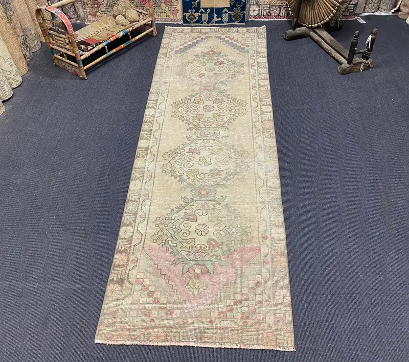 2.7x9.1 ft Runner Turkish Rug, Pink Abstract Vintage Rug - 1