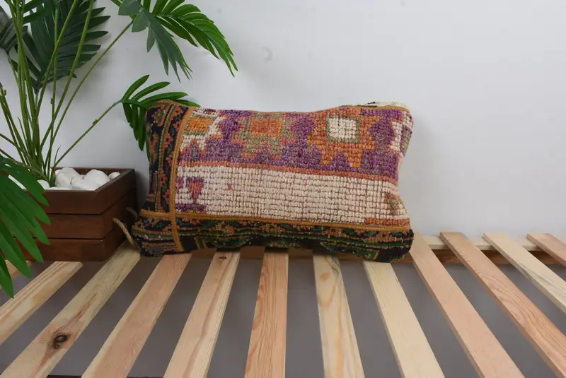 Kilim Cushion Sham, Cushion Cover, 12x20 Purple Cushion Cover, Pattern Throw Pillow Cover, Vintage Kilim Pillow, Home Decor Pillow - 1