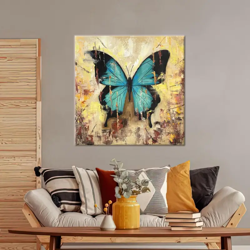 蝶愛好家のためのモダンな黄色の抽象的な蝶のキャンバス プリント