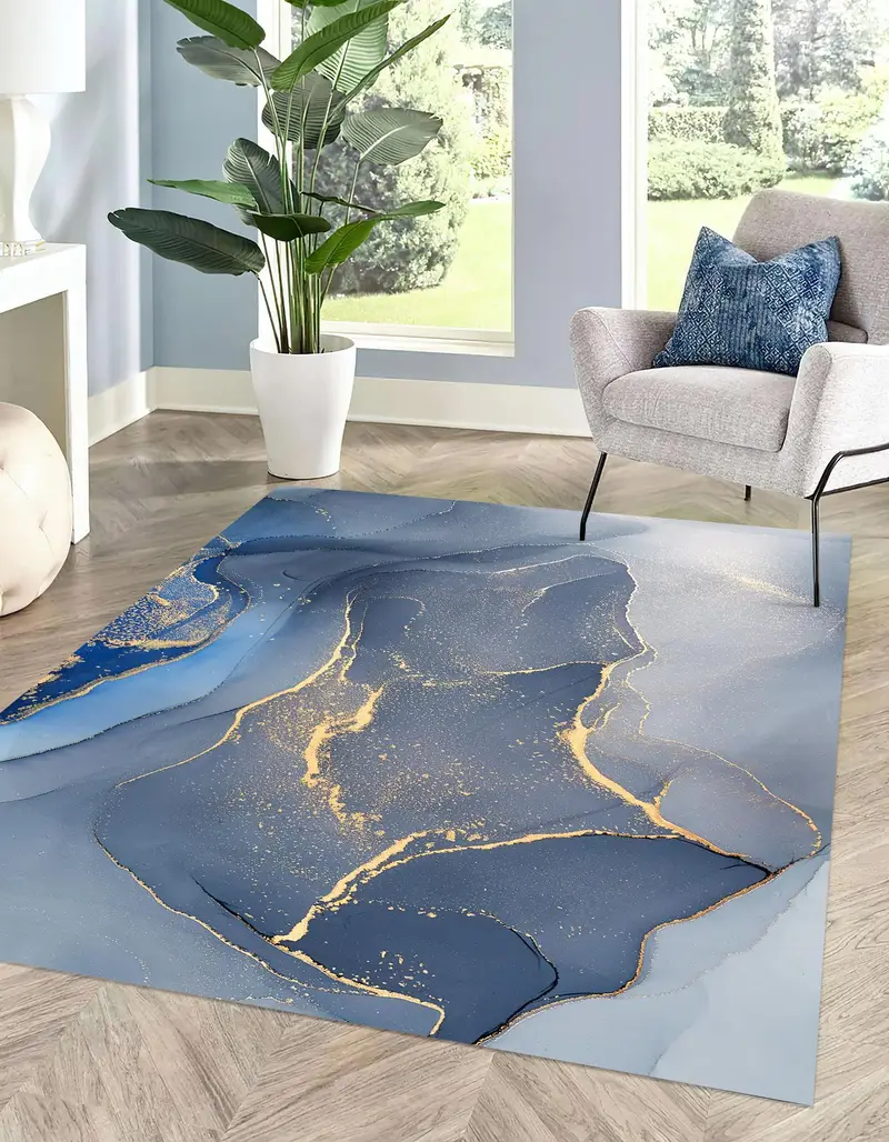 Alfombra estampada elegante: mármol azul, mármol dorado, diseño contemporáneo