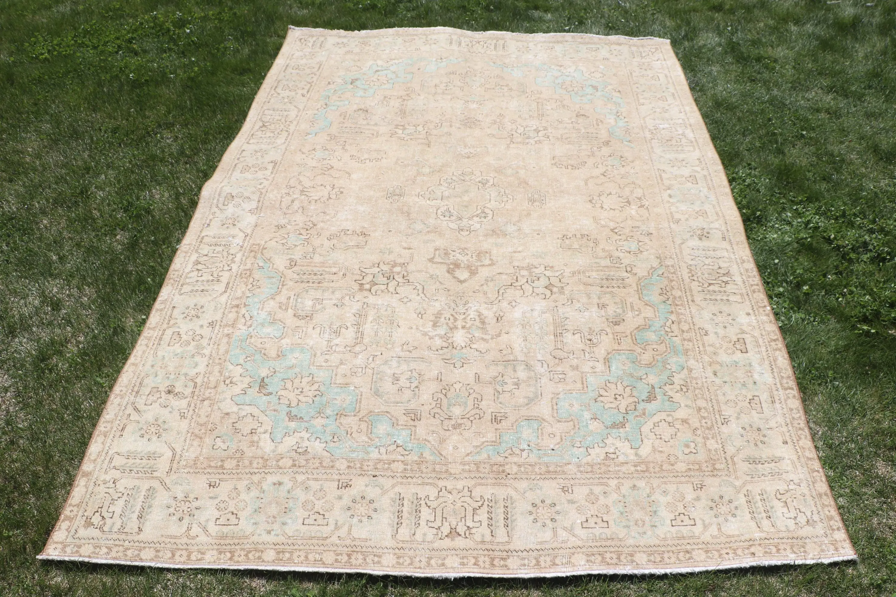 Türk Halısı 6.7x9.6 ft, Kahverengi Mavi Yün Vintage Halı - 1