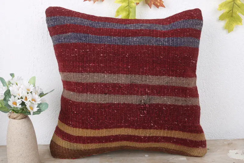 Kilim Pillow Cover, 16x16 Red Cushion Case, Interior Designer Pillow, One Of A Kind Pillow, Vintage Kilim Pillow, Pillow Case - 2