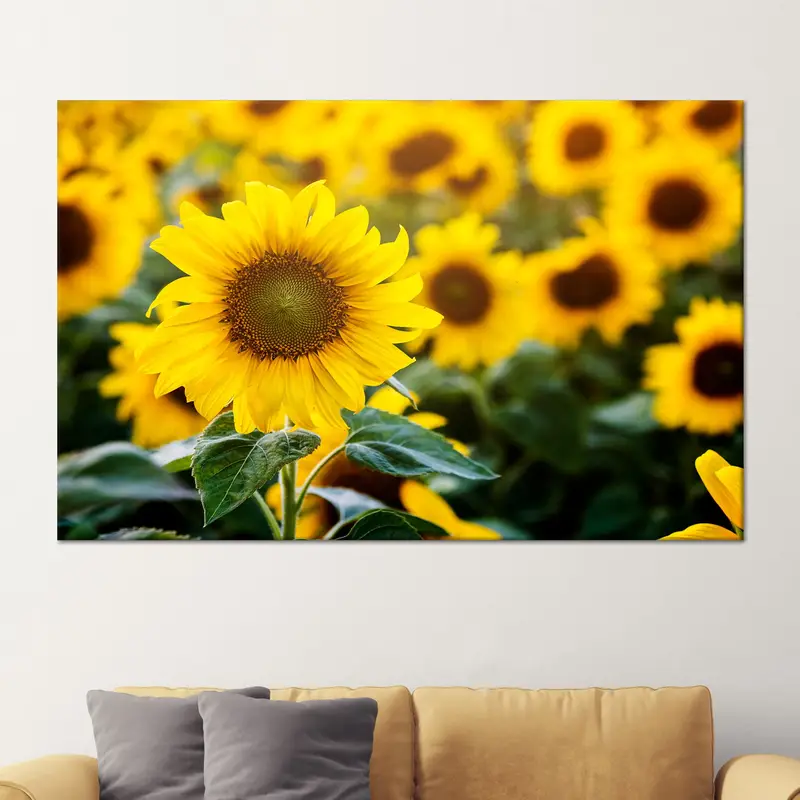 Trendiger sonnenblumengelber Bauernhaus-Leinwanddruck für elegante Küchendekoration