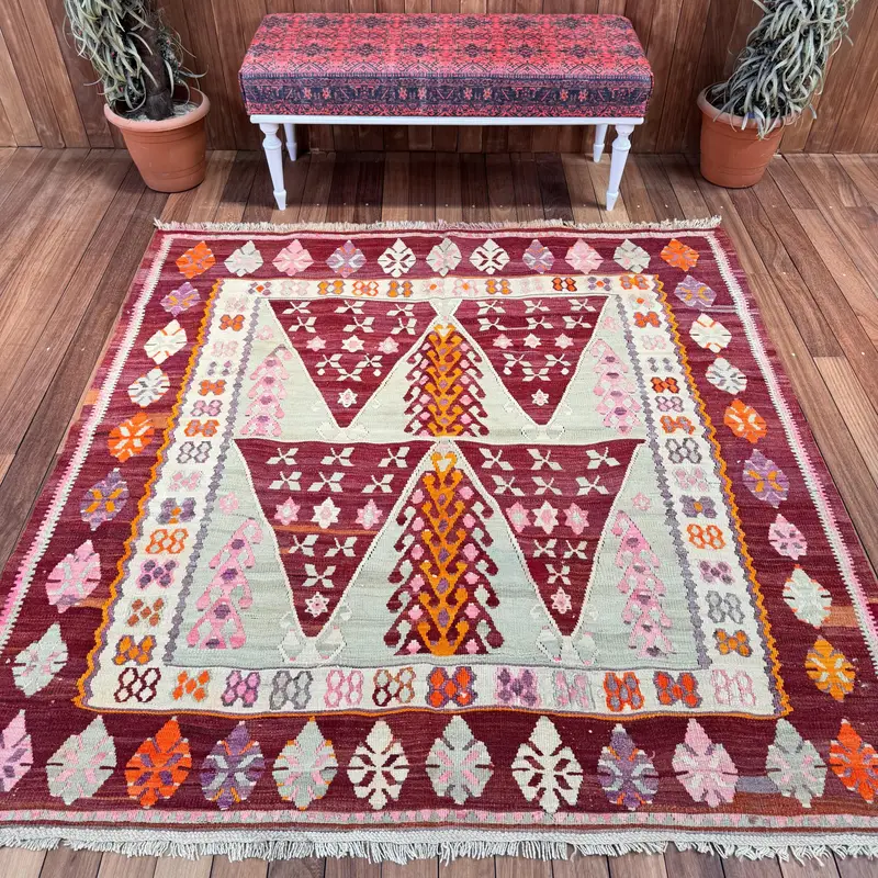 6x6.2 ft Vintage Rug, Turkish Area Rug, Red Southwestern Wool Rug - 1