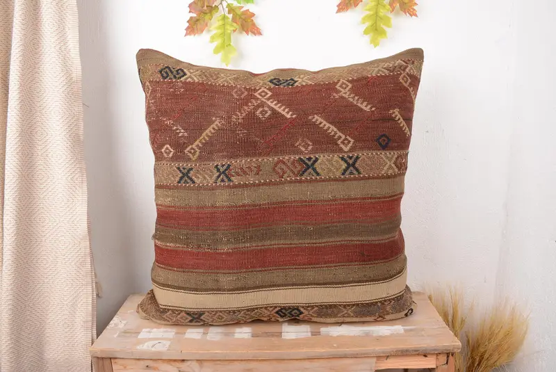 Red & Brown Striped Throw Pillow, Handmade Embroidered Cushion