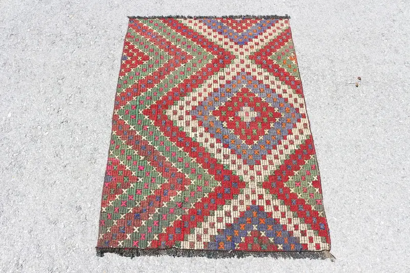 Turkish Vintage Rug, 2.7x3.8 ft Kilim Rug, Red Green Striped Rug - 1