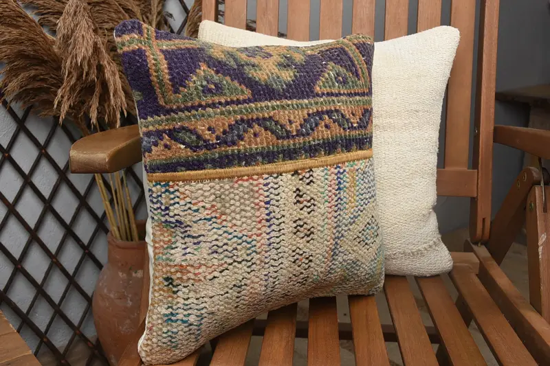 Home Decor Pillow, Vintage Kilim Pillow, 14x14 Blue Pillow, Crochet Pattern Cushion, Cushion Case, Vintage Kilim Throw Pillow - 2