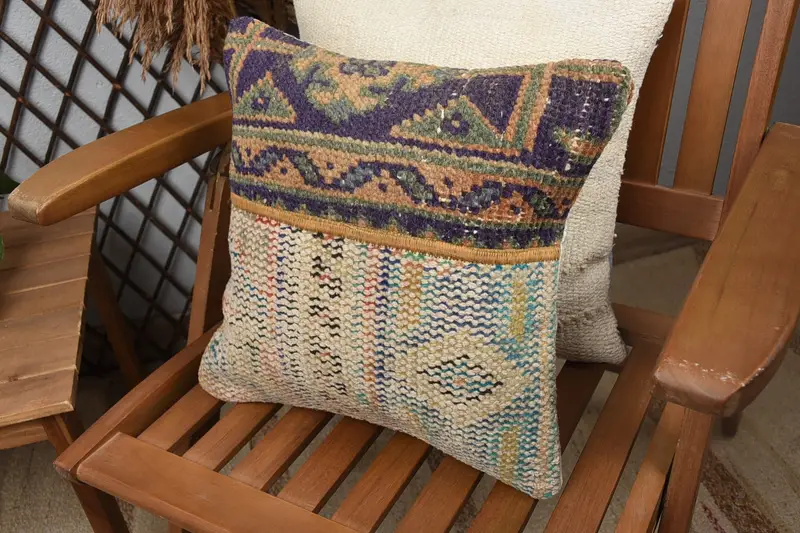 Home Decor Pillow, Vintage Kilim Pillow, 14x14 Blue Pillow, Crochet Pattern Cushion, Cushion Case, Vintage Kilim Throw Pillow - 5