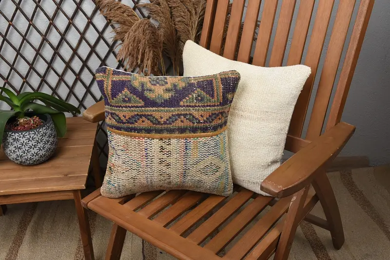Home Decor Pillow, Vintage Kilim Pillow, 14x14 Blue Pillow, Crochet Pattern Cushion, Cushion Case, Vintage Kilim Throw Pillow - 1