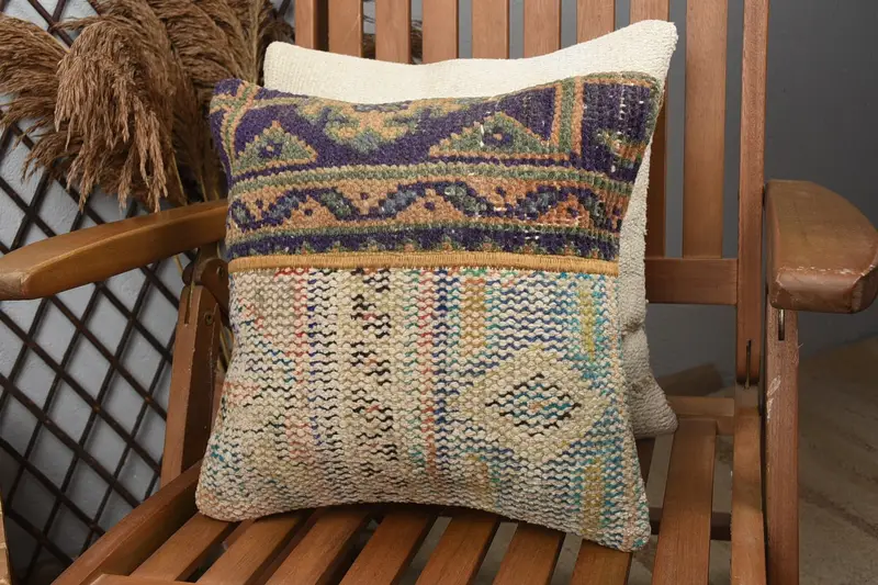 Home Decor Pillow, Vintage Kilim Pillow, 14x14 Blue Pillow, Crochet Pattern Cushion, Cushion Case, Vintage Kilim Throw Pillow - 3