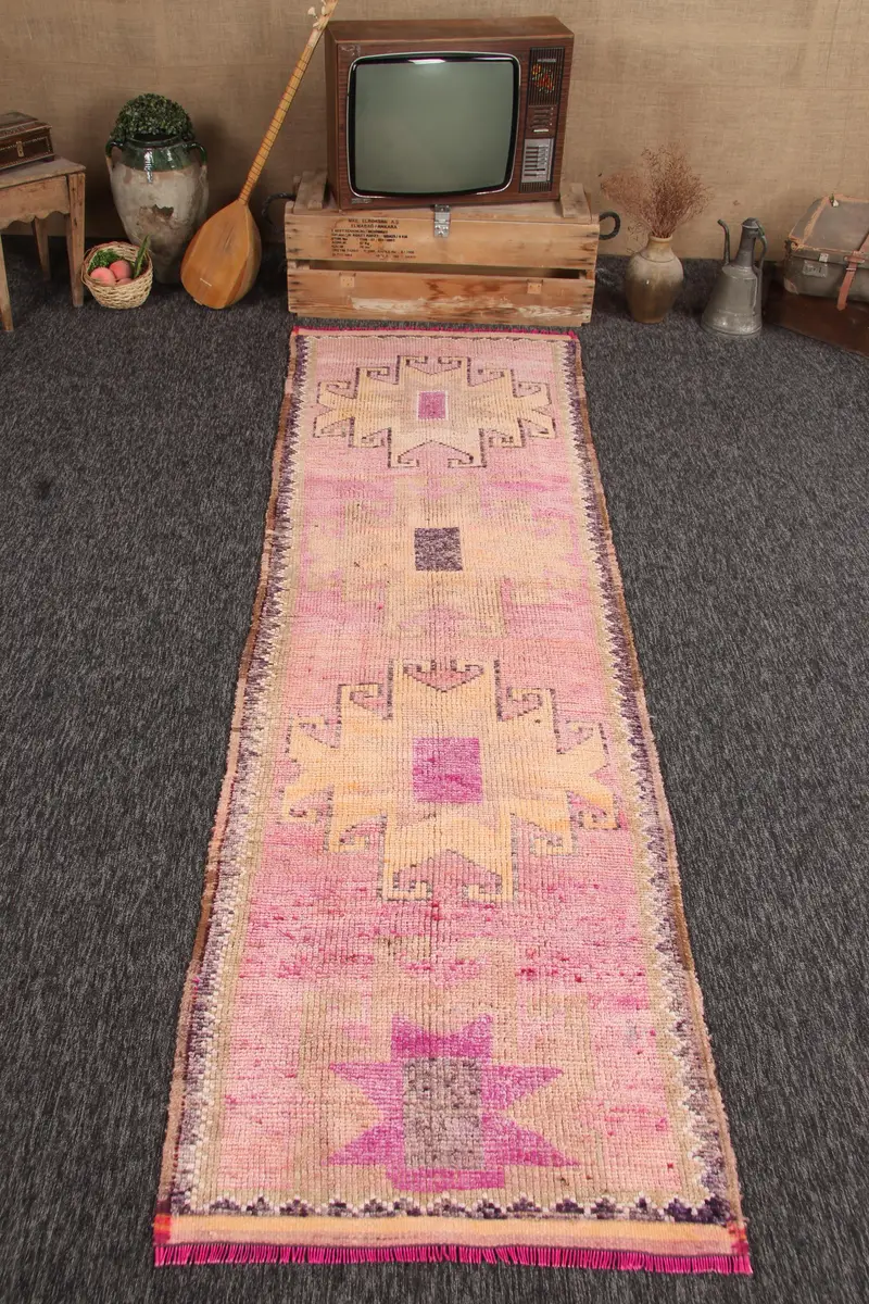 Vintage 2.7x9.5 ft Rug, Herki Turkish Rug, Pink Patchwork Rug Wool - 1