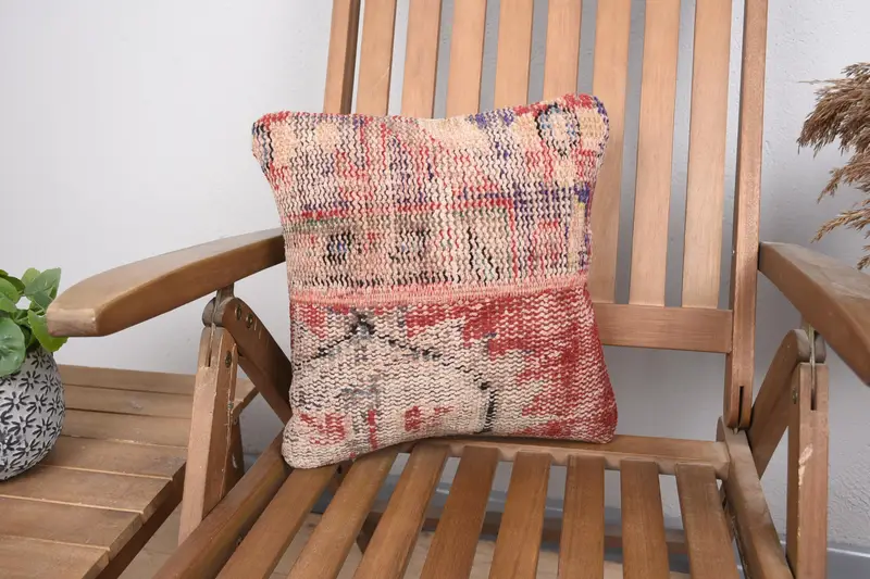 Vintage Antique Red Pillow Sham, 14x14 inch Wool Pillow Case - 1