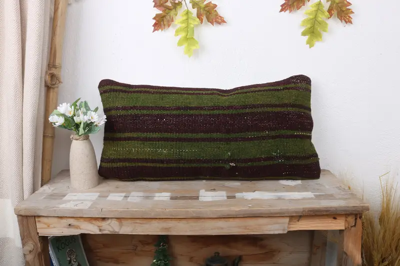 Boho Pillow, Hippie Throw Pillow Cover, Kilim Cushion Sham, Handmade Cushion, 12x24 Green Pillow Case, Kilim Pillow Cover, Cushion Case - 1