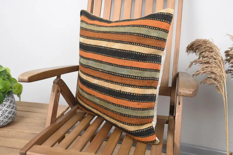 Pillow, Outdoor Bolster Pillow, Boho Pillow, 20x20 Orange Pillow, Vintage Kilim Pillow, Wool Kilim Pillow Cushion Cover, Vintage Kilim Throw Pillow - 3