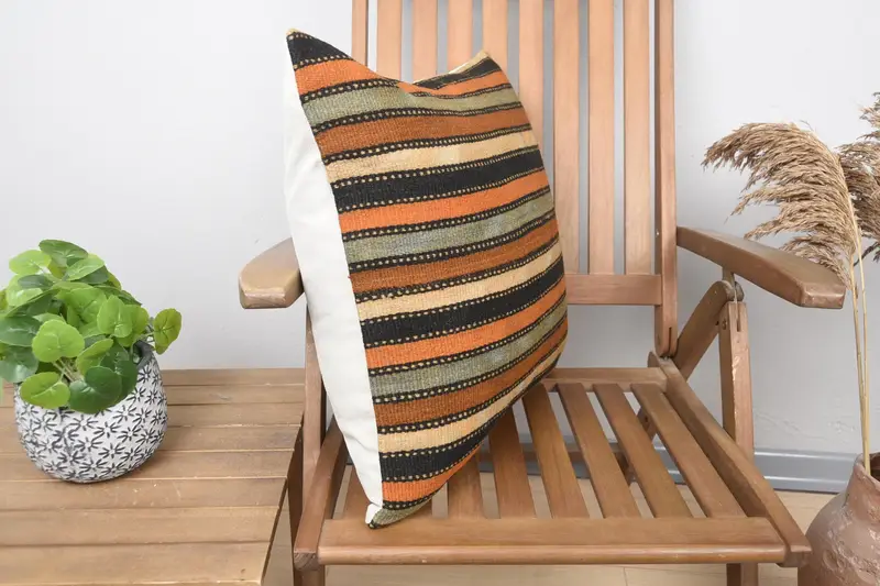Pillow, Outdoor Bolster Pillow, Boho Pillow, 20x20 Orange Pillow, Vintage Kilim Pillow, Wool Kilim Pillow Cushion Cover, Vintage Kilim Throw Pillow - 2